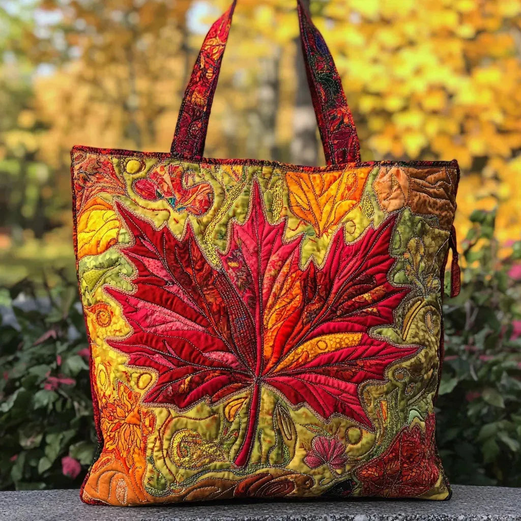 Handcrafted autumn maple sunset tote bag. Unisex, stylish everyday carry with a vibrant maple leaf and sunset design.