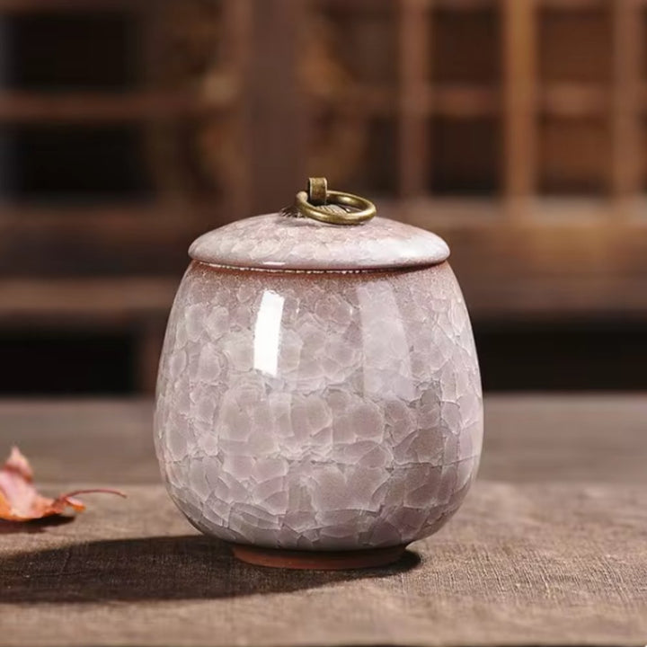 Decorative pet urn, handcrafted ceramic with craquelé finish, for ashes and pet remembrance.