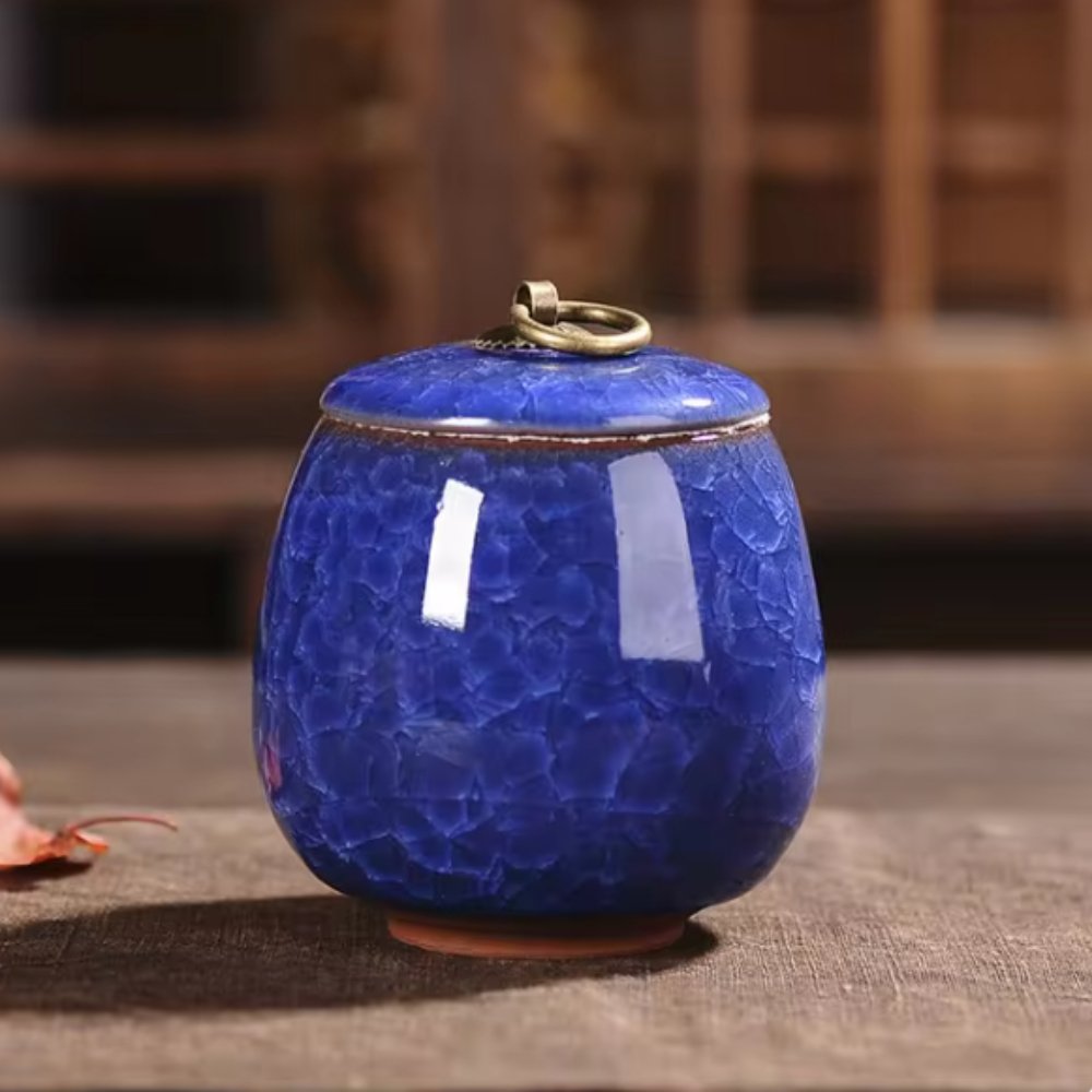 Beautiful craquelé glazed ceramic urn, a comforting home memorial for a cherished pet's ashes.