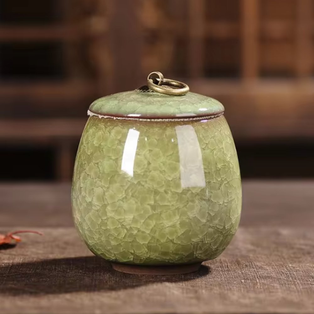 Handmade ceramic pet memorial urn, craquelé glaze adds texture, honoring your pet's memory.