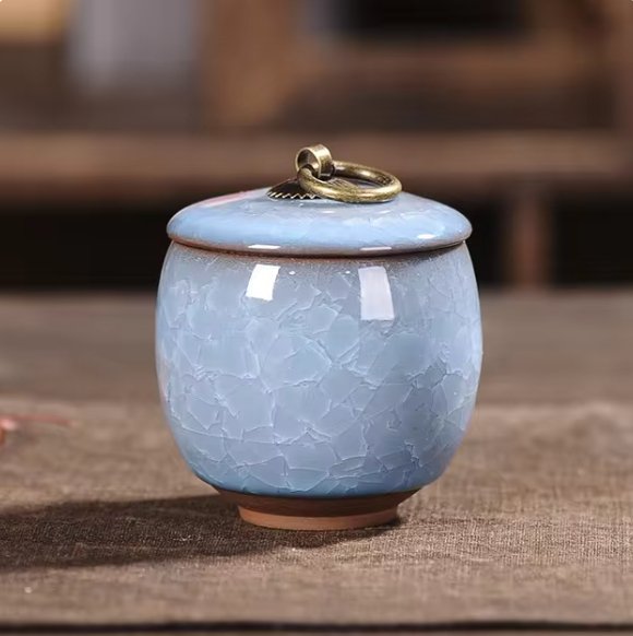 Sophisticated pet urn, ceramic with distinctive craquelé glaze, for a loving pet's ashes.