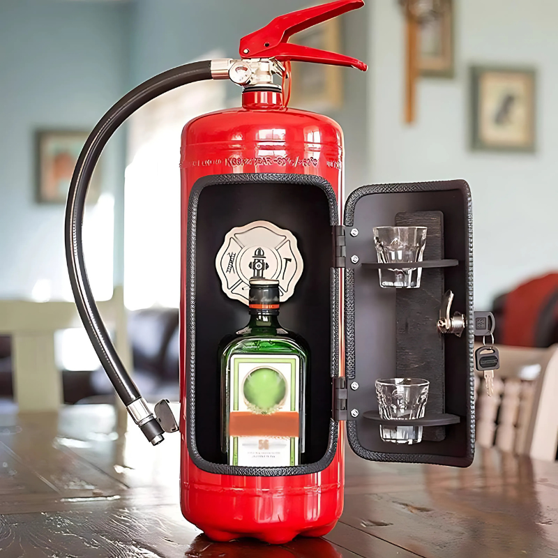 Novelty fire extinguisher mini bar, handcrafted for industrial home decor. Great conversation piece & bar accessory.