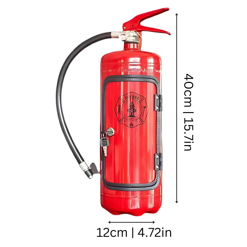 Unique handcrafted fire extinguisher mini bar, an industrial-style home bar & men's gift for a unique bar setup.