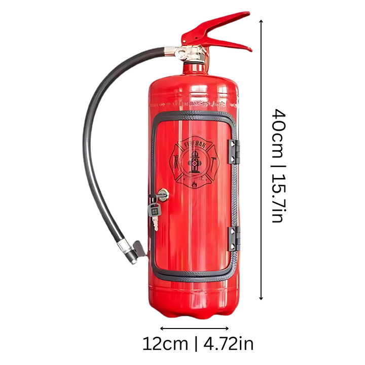 Unique handcrafted fire extinguisher mini bar, an industrial-style home bar & men's gift for a unique bar setup.