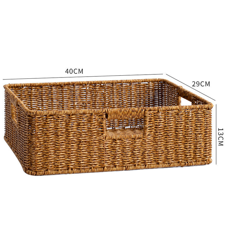 Natural wicker storage container, providing an organized and neat appearance.