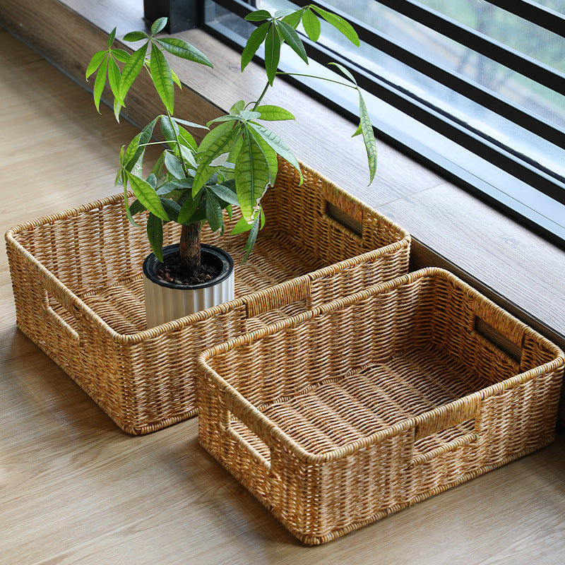 Natural fiber wicker basket for living room storage and decorative display.