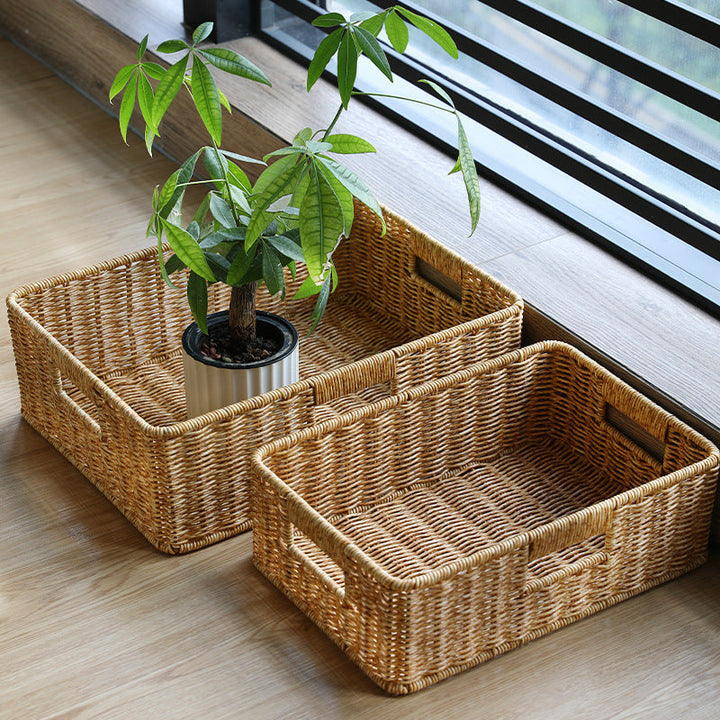 Natural fiber wicker basket for living room storage and decorative display.