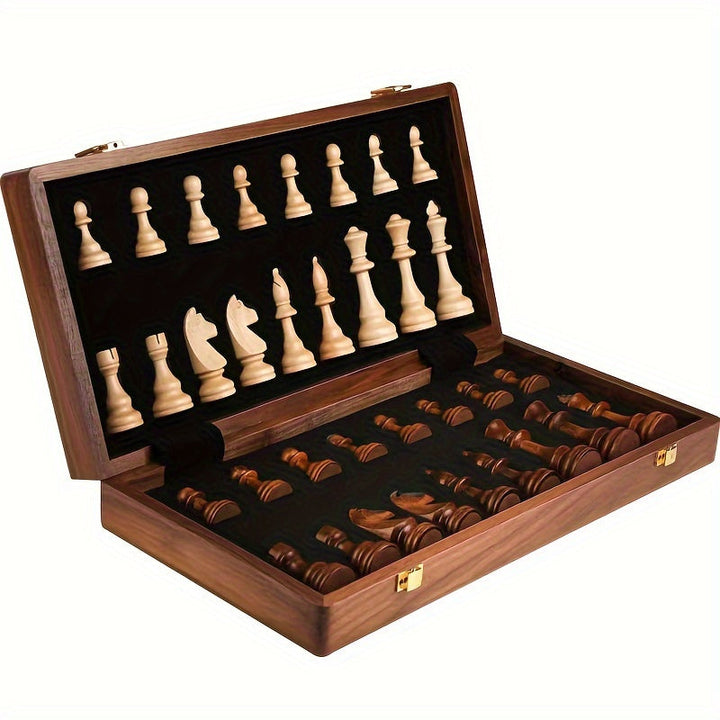 Close-up of finely carved wooden chess pieces, highlighting handcrafted detail for strategy and competitive play.