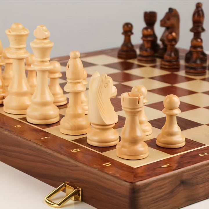 Premium handcrafted wooden chess board, featuring elegant wood grain, perfect for classic strategy board game.