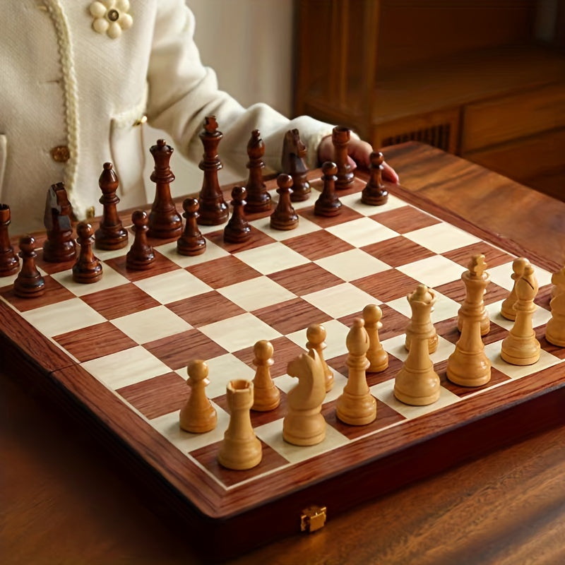 Two players engaged in a strategy board game with a beautiful handcrafted wooden chess set. Perfect for family fun.