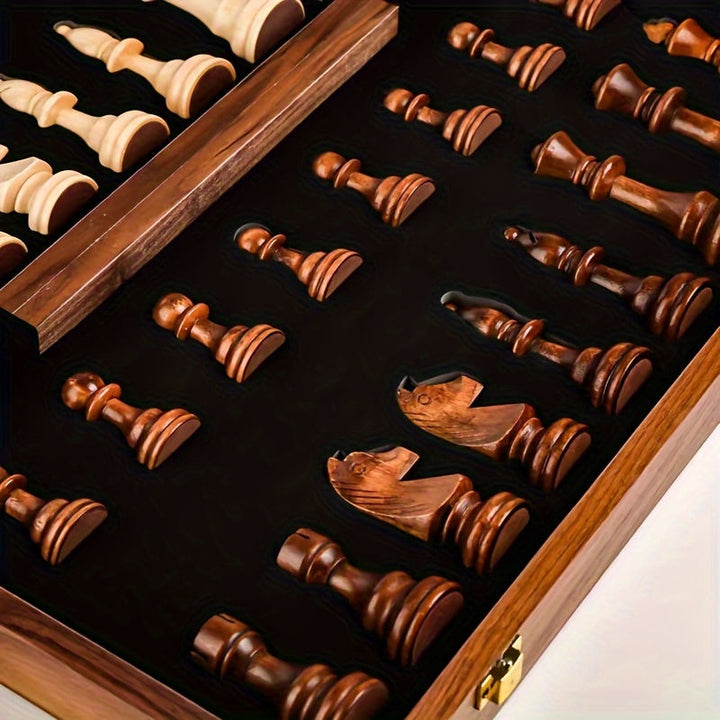 Elegant handcrafted wooden chess set displayed as premium home decor. A classic gift & sophisticated strategy game.
