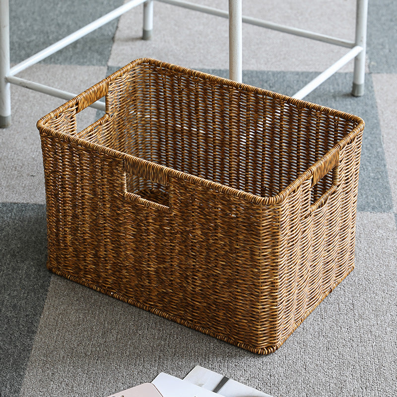 Handcrafted rectangular wicker storage bin, natural for home organization.