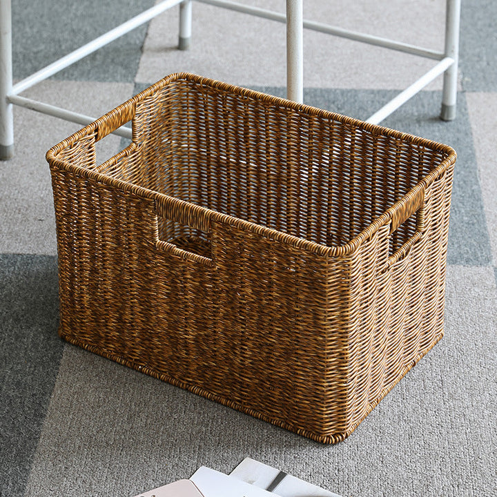 Handcrafted rectangular wicker storage bin, natural for home organization.