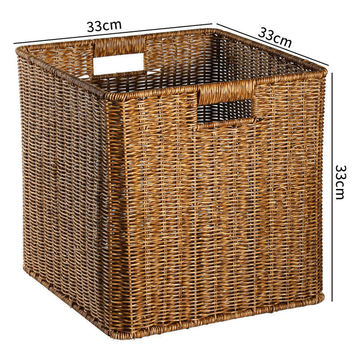 Elegant rectangular wicker storage bin, natural material.