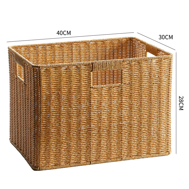 Decorative rectangular wicker container for home accessories.