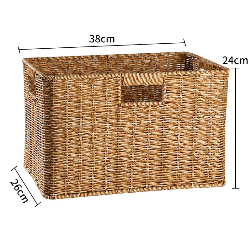 Rectangular natural wicker storage basket, perfect for pantry.