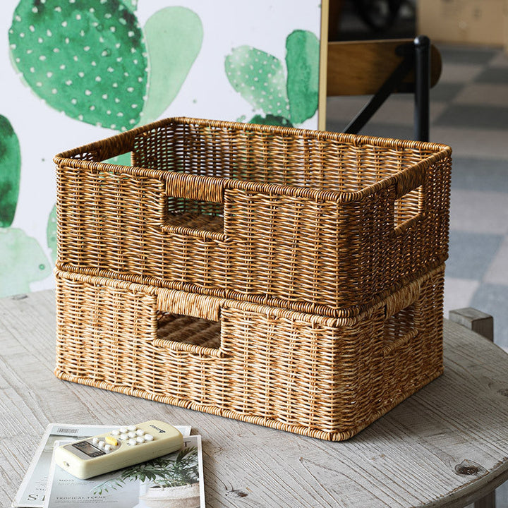 Natural handwoven wicker storage basket, rectangular, for home decor.