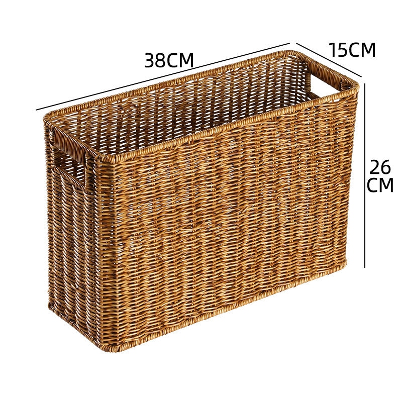 Natural wicker storage basket, rectangular, adds rustic charm.