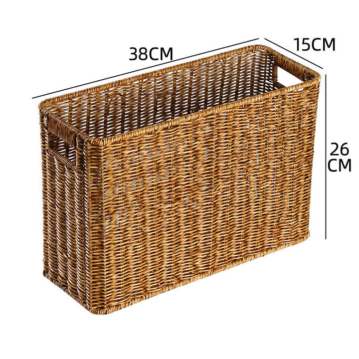 Natural wicker storage basket, rectangular, adds rustic charm.