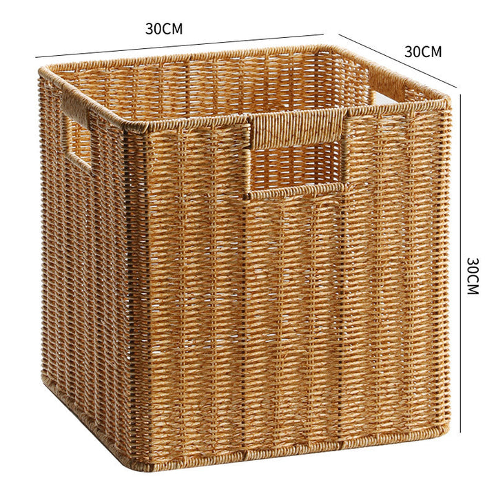 Decorative handcrafted rectangular wicker bin for living spaces.