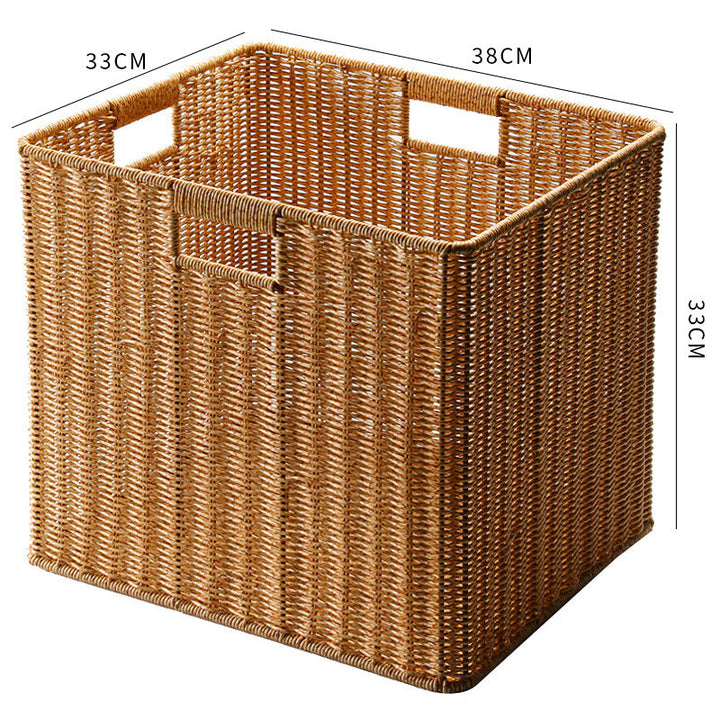 Handwoven rectangular wicker bin for blankets or toys storage.