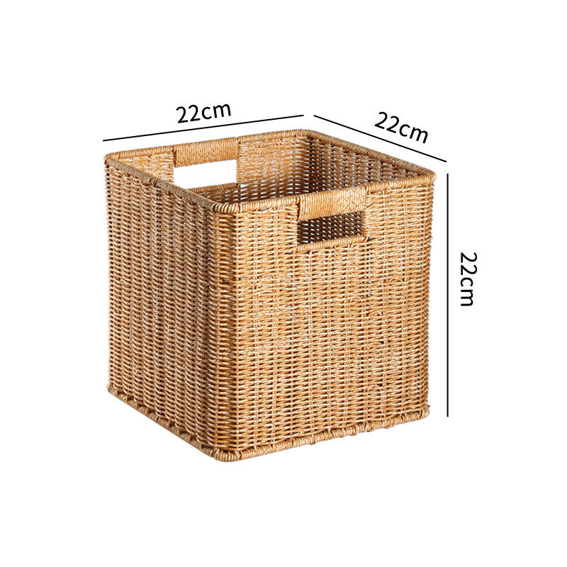 Rectangular decorative wicker bin, natural, for shelf styling.