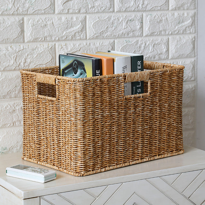 Decorative rectangular wicker bin, perfect for stylish home organization.