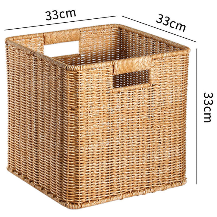 Natural handcrafted rectangular wicker bin for towels or linens.