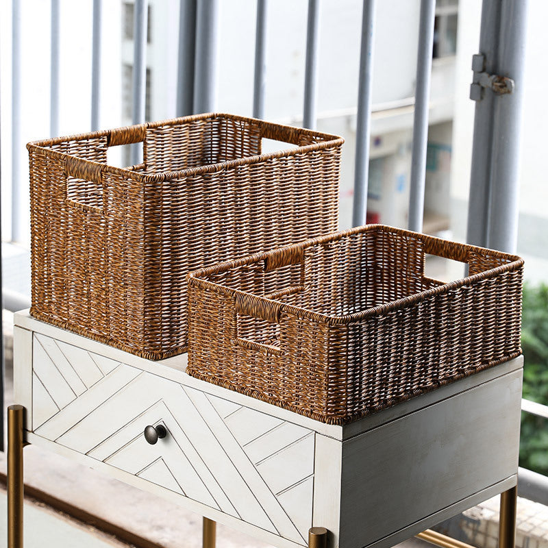 Woven wicker storage bin, handcrafted & rectangular, ideal for home use.