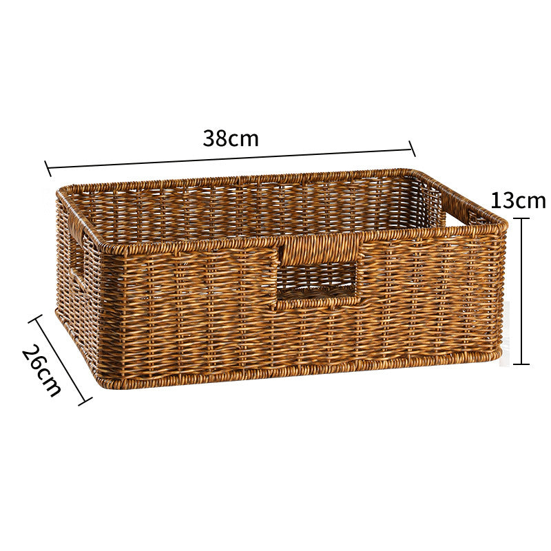 Rectangular wicker storage basket, natural, for office supplies.