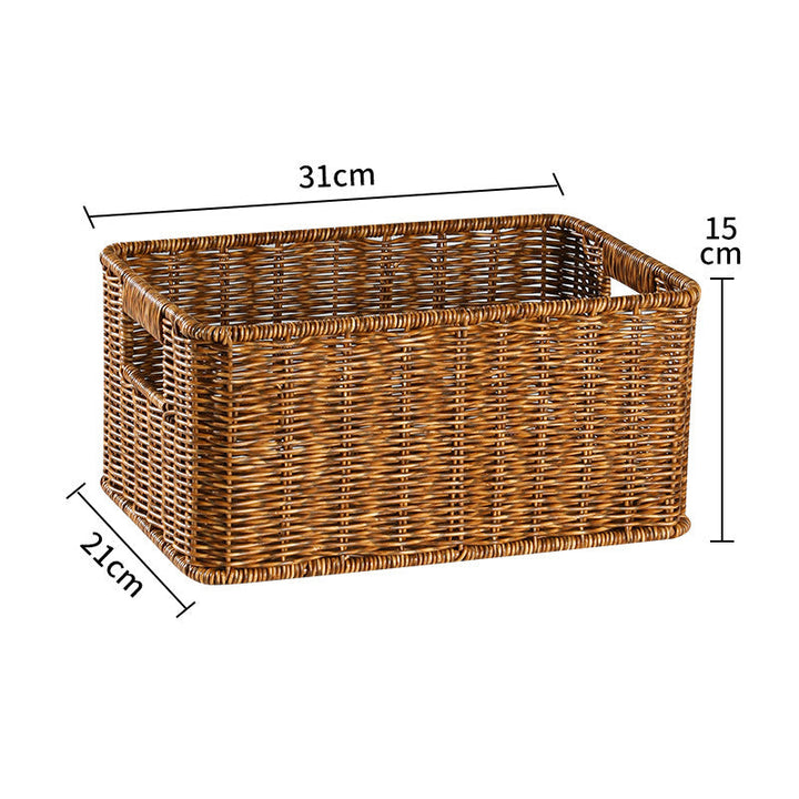 Woven rectangular storage bin, natural wicker, aesthetic storage.