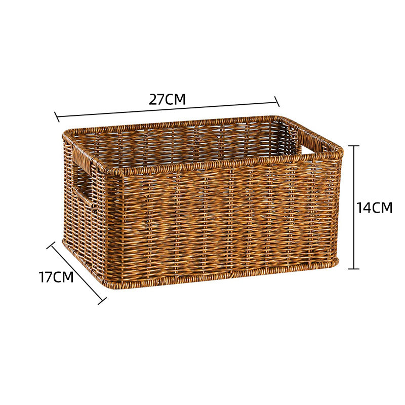 Rectangular wicker storage basket, natural, for bathroom decor.