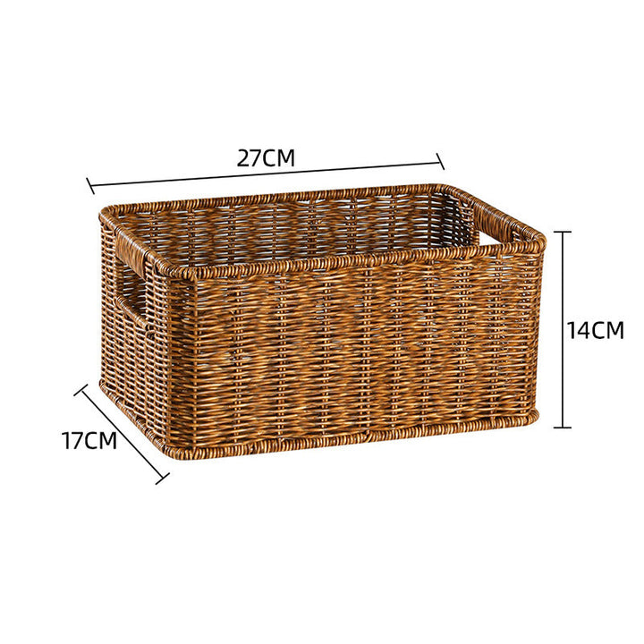 Rectangular wicker storage basket, natural, for bathroom decor.
