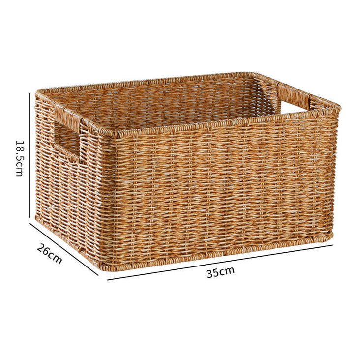 Decorative handwoven rectangular wicker bin, home organization.