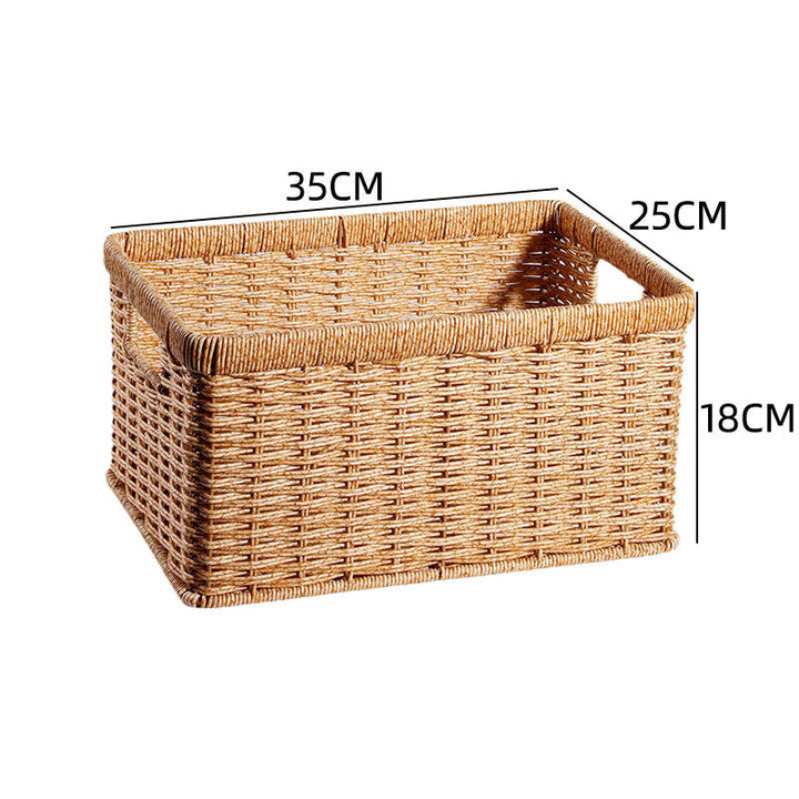 Woven rectangular storage bin, natural wicker, functional decor.