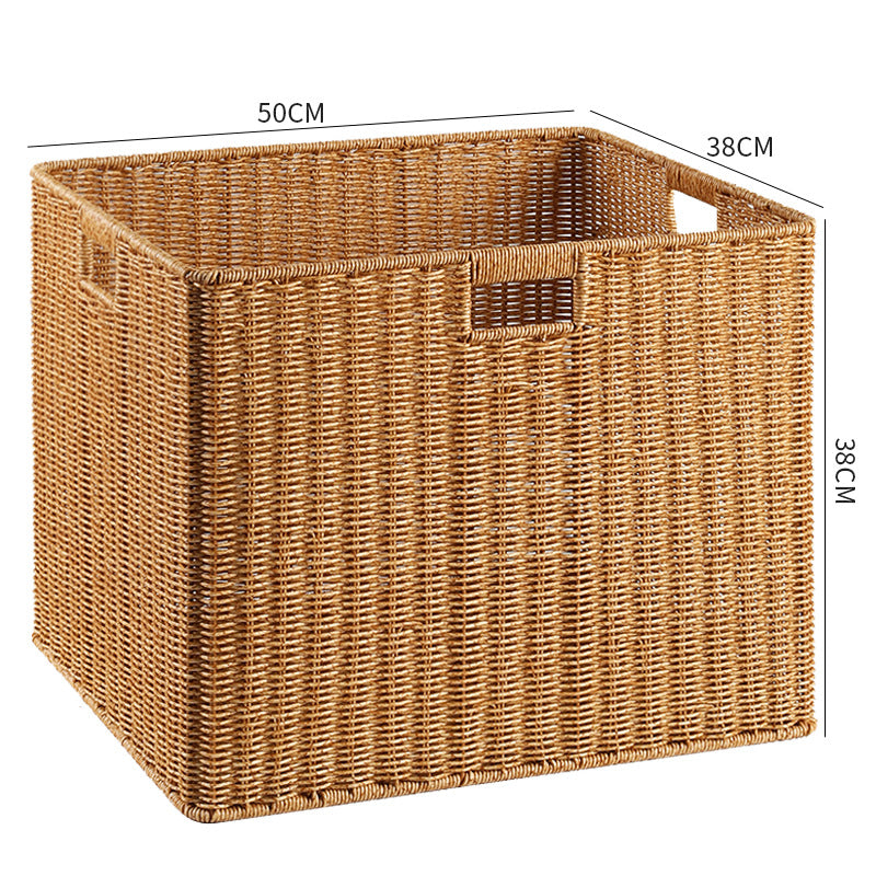 Handcrafted rectangular wicker bin, ideal for closet organization.