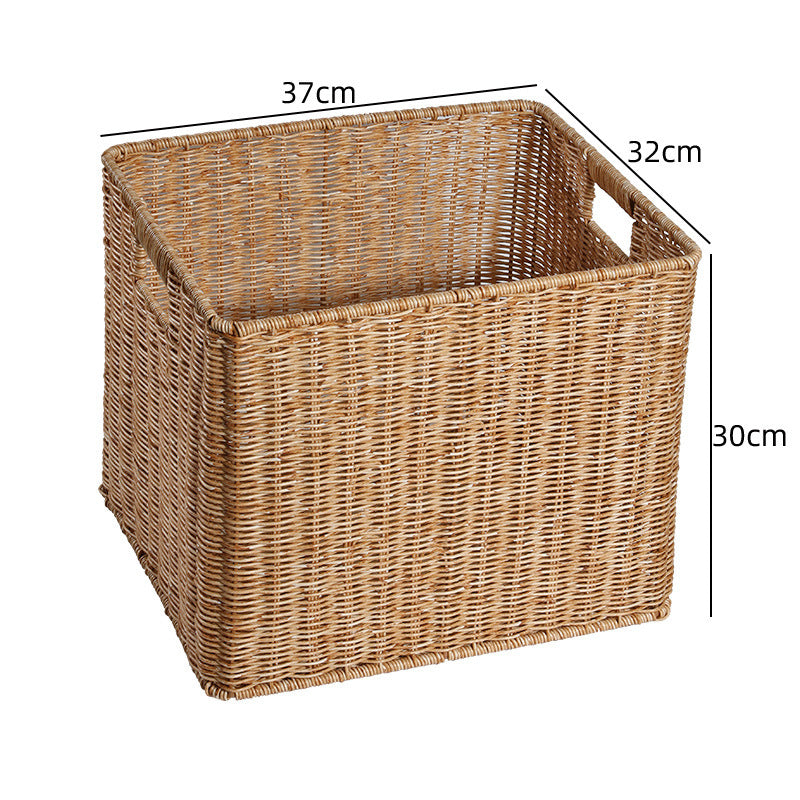 Rectangular wicker storage basket, natural, for kitchen pantry.