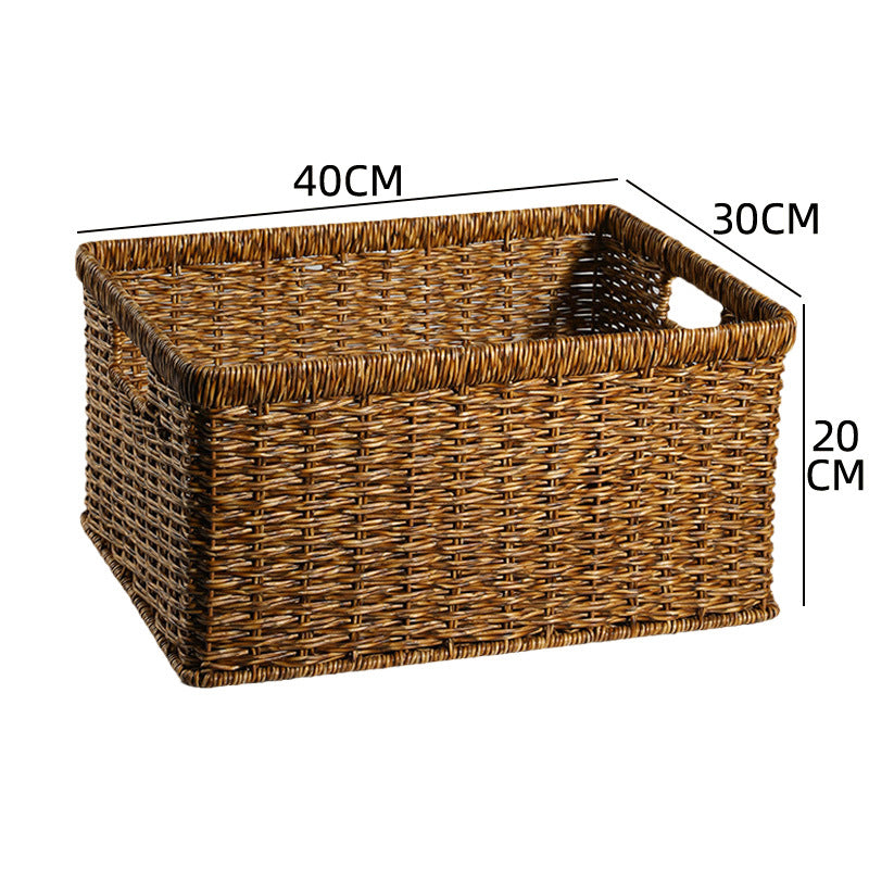Decorative handwoven rectangular wicker bin for tabletop.