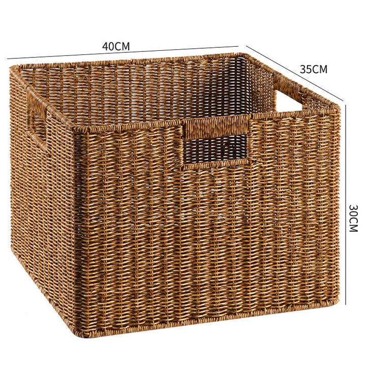 Rectangular wicker storage basket, natural, for media storage.