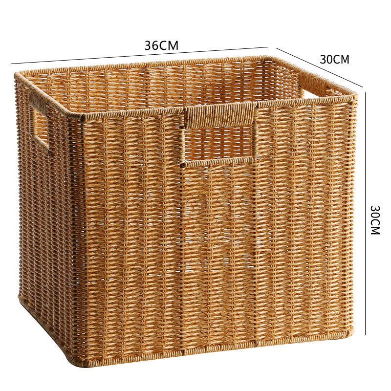 Decorative handwoven rectangular wicker bin, versatile home use.
