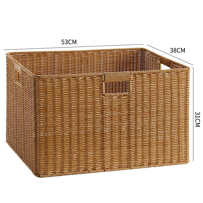 Rectangular wicker storage basket, natural, for pet toys.