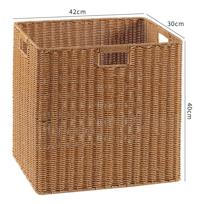 Woven rectangular storage bin, natural wicker, robust design.
