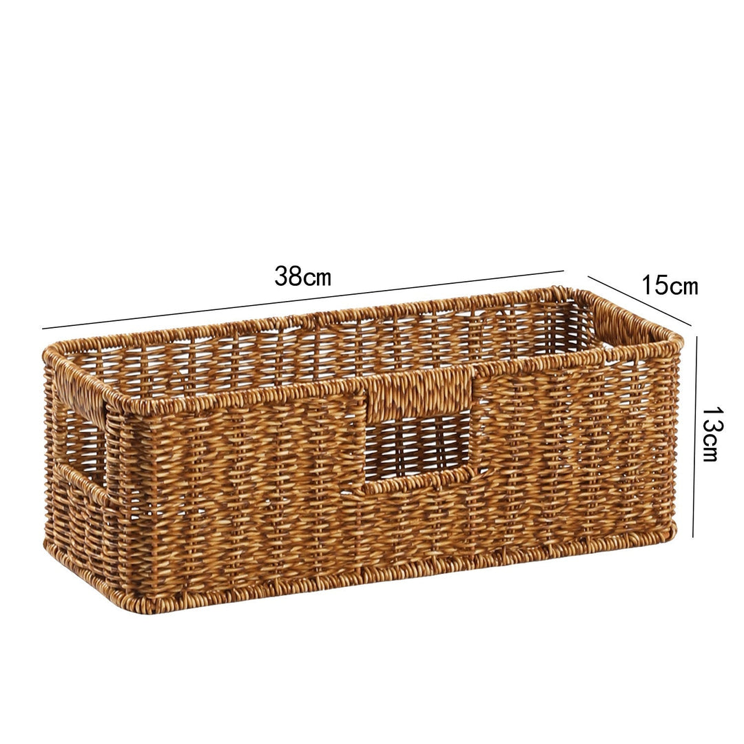 Handcrafted rectangular wicker bin for garden tools (indoor).