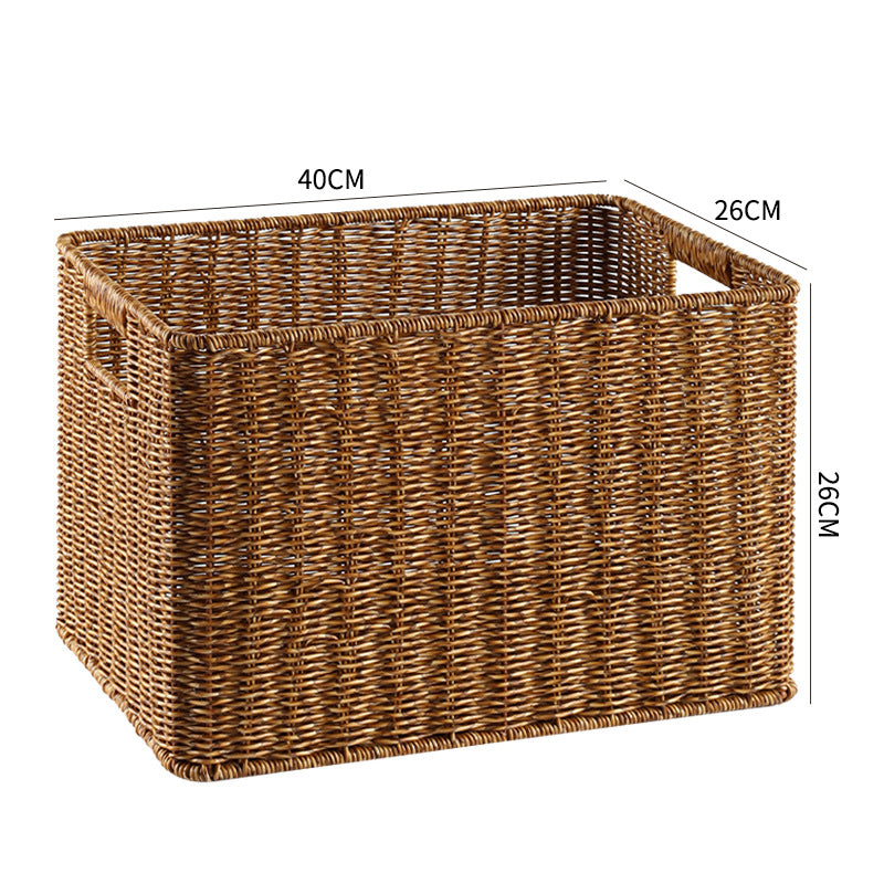 Rectangular wicker storage basket, natural, for beauty products.