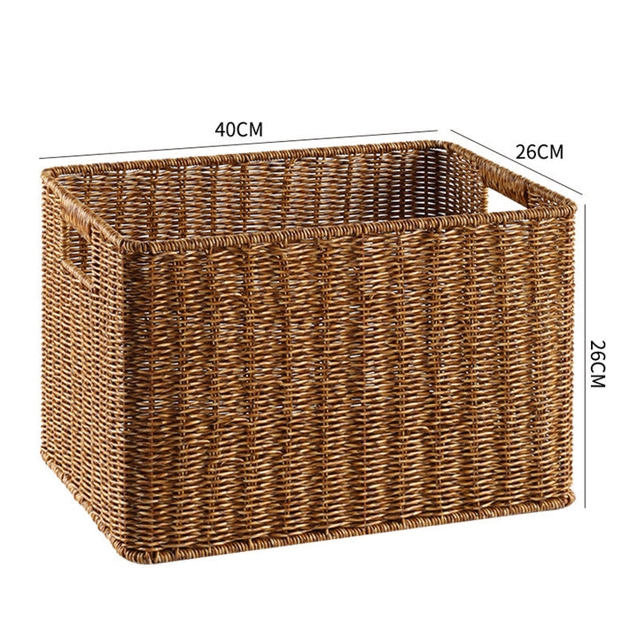 Rectangular wicker storage basket, natural, for beauty products.