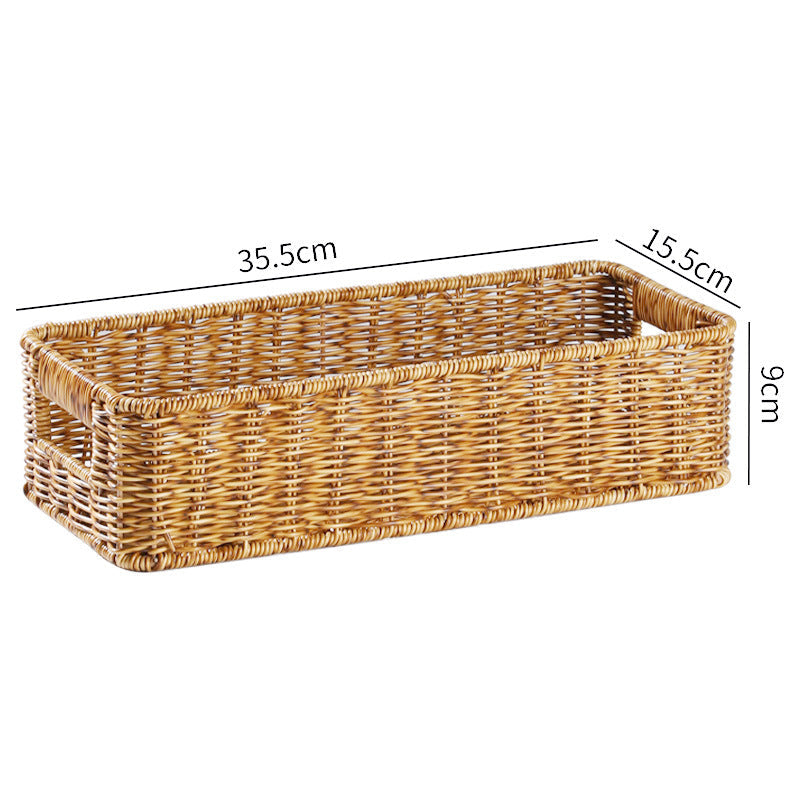 Rectangular wicker storage basket, natural, for holiday decor.