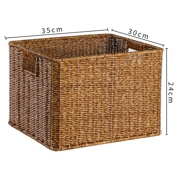 Woven rectangular storage bin, natural wicker, easy organization.
