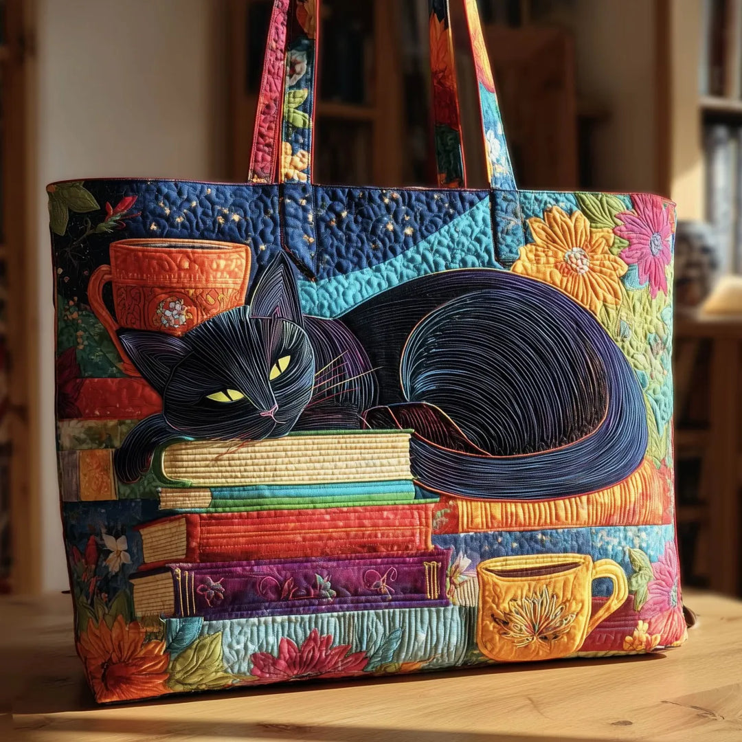 Handcrafted women's black cat tote bag with books design, perfect for book lovers & everyday use.