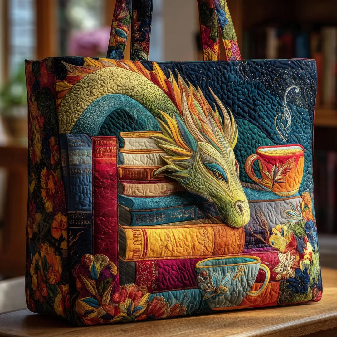 Handcrafted women's dragon shoulder bag, featuring a unique fantasy design with books & cups. Perfect for book lovers.