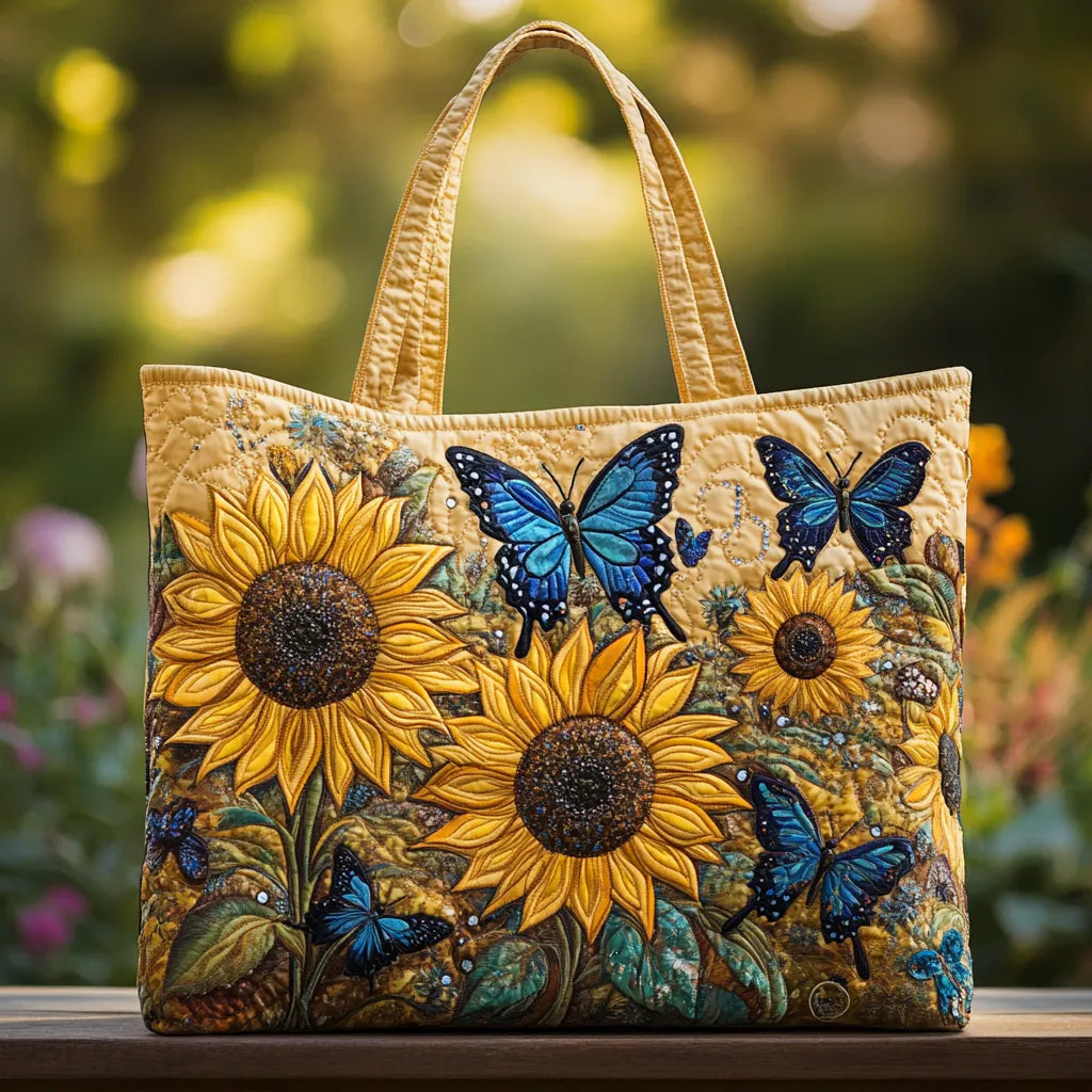 Handcrafted women's tote bag with vibrant sunflower & butterfly design, a nature-inspired everyday handbag.